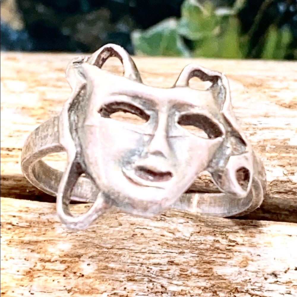 Vintage Silver Theater, Contempopary Art Ring with Tragedy Face, MIDI ring